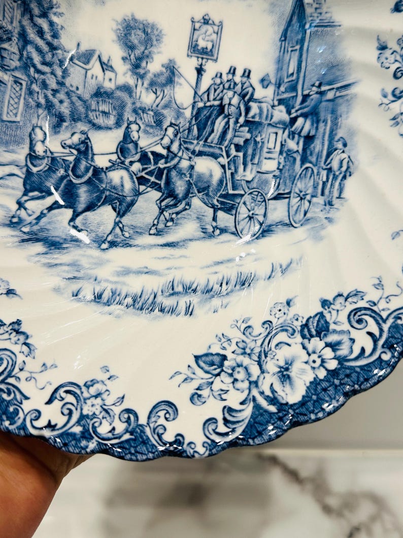 Vintage Johnson Brothers Coaching Scenes Blue Transferware Serving Bowl | English Ironstone Bowl | Staffordshire Country House Decor image 11