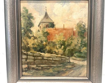 Vintage Original Oil Painting Signed European Village Church Landscape Framed Impressionist Art Cottagecore Wall Decor