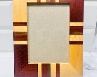 Vintage Solid Wood Picture Frame | Handmade Geometric Inlaid Wooden Photo Frame | Mid Century Modern Desk Frame