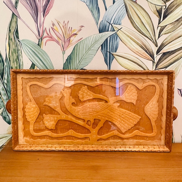 Vintage Carved Wooden Tray, Peacock Folk Art Decor, Hand Carved Wood Wall Hanging, Rustic Boho Decorative Tray