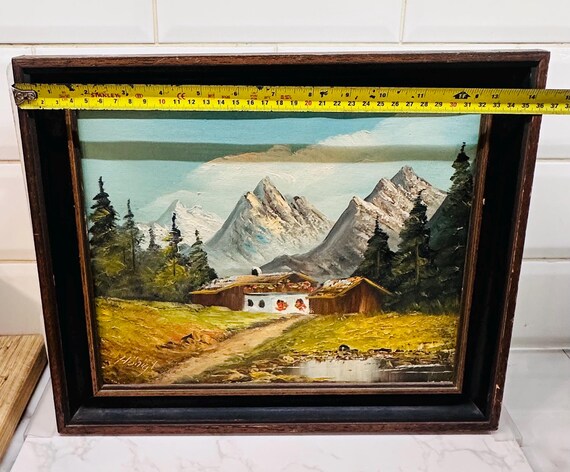 日本画 風景画 サイン入り 黒フレーム