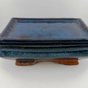 Blau glasierter Bonsai-Topf mit Untersetzer | Rechteckiger Keramik-Bonsai-Pflanztopf | Pflanztopf im japanischen Stil
