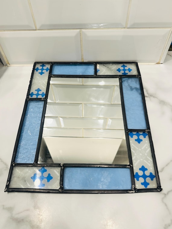 Handmade Stained Glass Mirror Blue Art Glass Leaded Wall Mirror Gothic Arts & Crafts Decorative Mirror