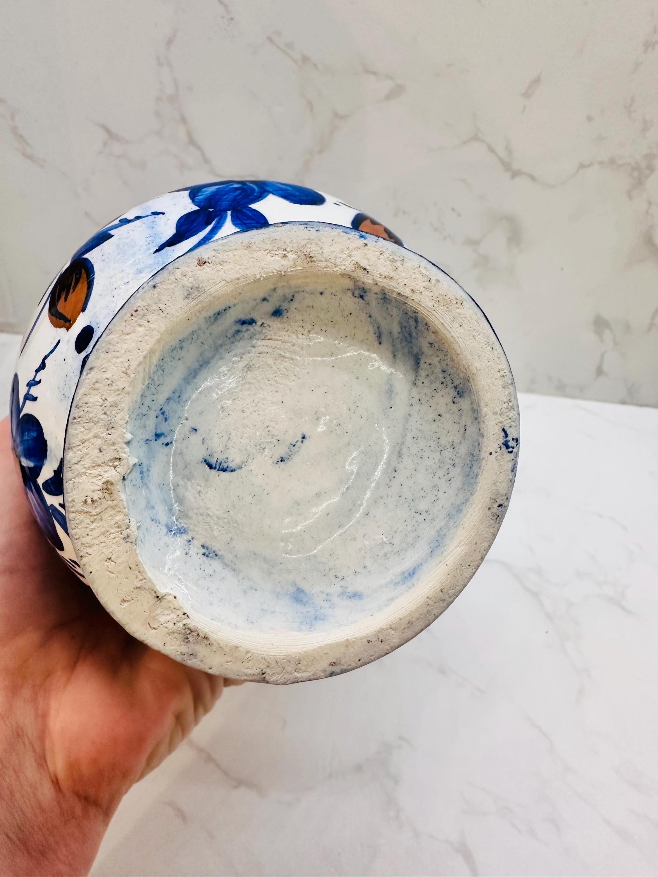 Vintage Chinoiserie Style Hand Painted Blue & White Ceramic Floral Vase ...