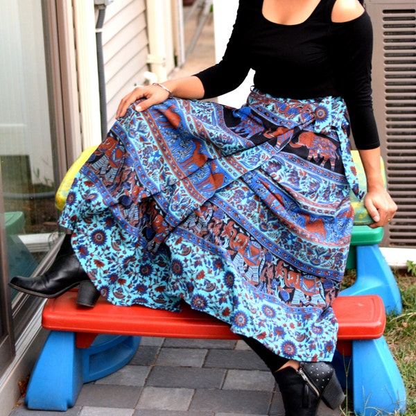 Wrap around skirt, Wrap skirt,Long Elephant Printed Wrap Skirt,Handmade,Indian Ethnic,Free size warp skirt,Hippie Skirt, Blue wrap skirt