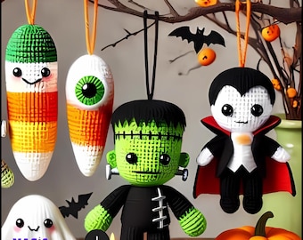 Halloween Hanging Amigurumi Crochet Patterns: Frankenstein, Ghost, Vampire (PDF Pattern)