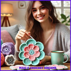 May include: A woman is crocheting a green and pink flower coaster. The coaster is made of yarn and has a delicate, intricate design. The woman is holding a crochet hook in her right hand and is working on the coaster. There is a cup of coffee and other crocheted coasters on the table.