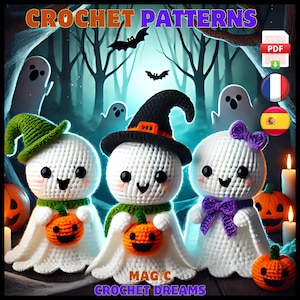 May include: Three crocheted ghost amigurumi toys with different hats and accessories. The ghosts are holding small orange pumpkins. The image has the text "CROCHET PATTERNS" and "MAGIC CROCHET DREAMS".
