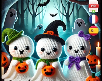 May include: Three crocheted ghost amigurumi toys with different hats and accessories. The ghosts are holding small orange pumpkins. The image has the text "CROCHET PATTERNS" and "MAGIC CROCHET DREAMS".