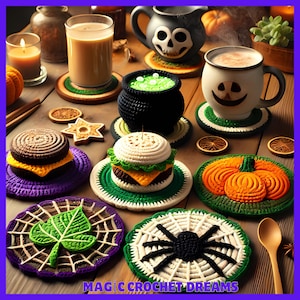May include: A set of 10 crocheted Halloween-themed coasters featuring various designs, including a spider web, a pumpkin, a leaf, a burger, and a cauldron. The coasters are made with colorful yarn and have a variety of textures.