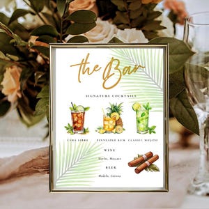 Modello di cartello per menu del bar notturno Tropical Floral Havana, bar per matrimoni, personalizzabile, cocktail esclusivi
