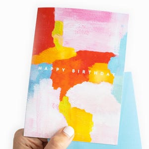 Rainbow Happy Birthday Greeting Card - Modern, Trendy + Colourful Blank Art Bday Card. Beautiful Unisex Design For All Ages. Size A6
