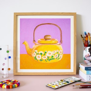 Daisy Delight Teapot Oil Pastel Art Print | Tea Lover Art For Kitchen | Cottagecore Aesthetic Wall Art | Ready To Hang Framed Artwork