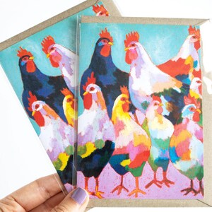 Cartão de felicitações em branco A6 com arte de galinhas arco-íris | Arte original em pastel a óleo de fazenda | Cartão de felicitações de artista australiano | Colorido + alegre