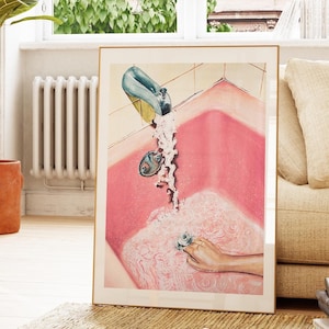 Vintage Pink Bathroom Art Print | Retro Watercolour Femme Painting | Eclectic Wall Decor Framed Print | Girly Modern Aesthetic | LGBT Art