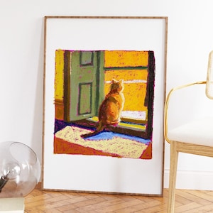 Sun Cat Still Life Art Print | Oil Pastel Drawing | Modern Pop Art | Cat Lover Poster | Vibrant Colourful Decor | Mid Century Colours