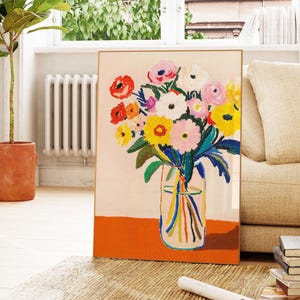 Impression d'art fleurs du dimanche matin (rose) - dessin de nature morte au pastel à l'huile - cadeau encadré beaux-arts lumineux, coloré, tendance et moderne pour elle