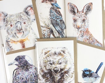 Australian Animals Blank A6 Art Greeting Cards | Original Oil Pastel Artworks | Premium Artist Greeting Cards | For Bird Koala Wombat Lovers