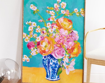 Impresión artística de ramo brillante / Pintura original de naturaleza muerta floral / Decoración de pared para cocina y comedor / Flores coloridas y vibrantes / Pop moderno