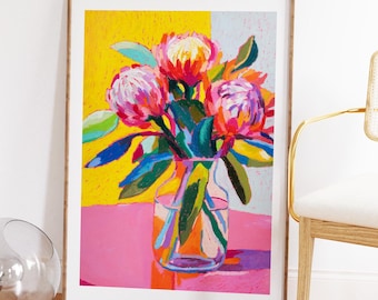 Impresión artística Poppin' Proteas / Dibujo original de naturaleza muerta floral / Decoración de pared para cocina y comedor / Arte floral ecléctico, moderno y colorido