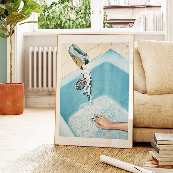 Vintage Blaues Badezimmer Kunstdruck. Retro Aquarell Femme Malerei Wand-Dekor. Eklektischer gerahmter Druck. Girly moderne Ästhetik. LGBT Kunst