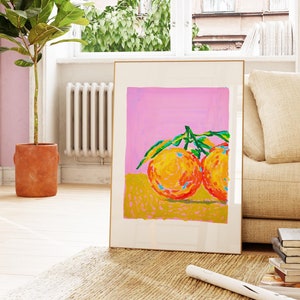 Cute Colourful Oranges Art Print. Oil Pastel Drawing, Pink Dopamine Aesthetic. Gallery Wall. Modern Still Life. Kitchen Wall Decor