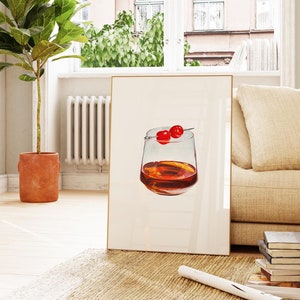 Cocktail Art Prints: Manhattan | Watercolor Original Painting | Mad Men Vintage Aesthetic | Kitchen Bar Wall Decor | Alcohol Gift For Him