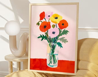 Impresión artística de flores de amapola rosa / Decoración alegre con dopamina / Naturaleza muerta en la cocina / Arte floral ecléctico, colorido, vibrante y moderno
