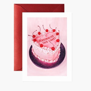 Carte de voeux personnalisable pour la Saint-Valentin/anniversaire. Carte vierge premium de 5 x 7 pouces avec message personnalisé. Gâteau rose féminin ! Esthétique d'anniversaire