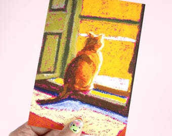 Golden Sun Cat Greeting Card - Original Oil Pastel Drawing - Arty Cat Lover Blank Card - Pet Sympathy / Grief Card / Thinking Of You Card