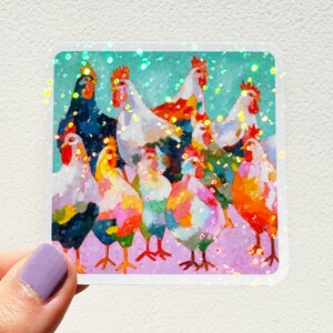 Huhn Extravaganza Glitzer Vinyl Aufkleber - Basiert auf einer original Ölpastell-Illustration - Niedlicher Regenbogen Aufkleber des Künstlers - Birb Aesthetic