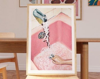 Vintage Pink Bathroom Art Print | Retro Watercolour Femme Painting | Eclectic Wall Decor Framed Print | Girly Modern Aesthetic | LGBT Art