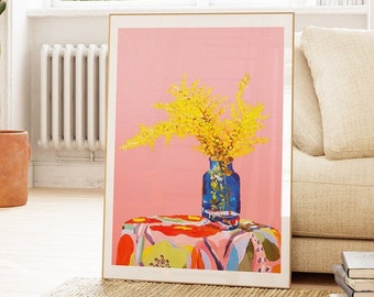 Pink Wattle Still Life Art Print | Bright Australian Native Flowers | Colourful Floral Art | Cute, Bright + Happy | Original Oil Painting