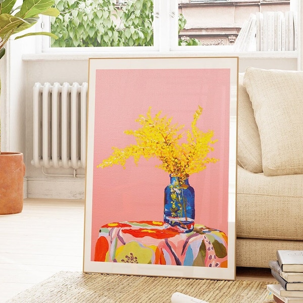 Pink Wattle Still Life Art Print | Bright Australian Native Flowers | Colourful Floral Art | Cute, Bright + Happy | Original Oil Painting