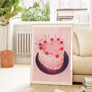 Pink Love Cake Art Print | Watercolor Painting | Sweet Pretty Birthday Gift | Cute Feminine Aesthetic | Framed Christmas Gift For GF