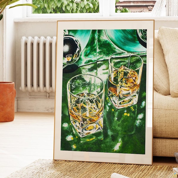 Retro groene Schotse print | Aquarel schilderij | Mad Men Bar - Keuken - Eetkamerkunst | Whiskycocktail | Cool kerstcadeau voor hem