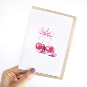 Lieve kleine kersjes blanco wenskaart van originele aquarelverf - trendy koket strikkunstwerk - schattige vintage esthetische kaart