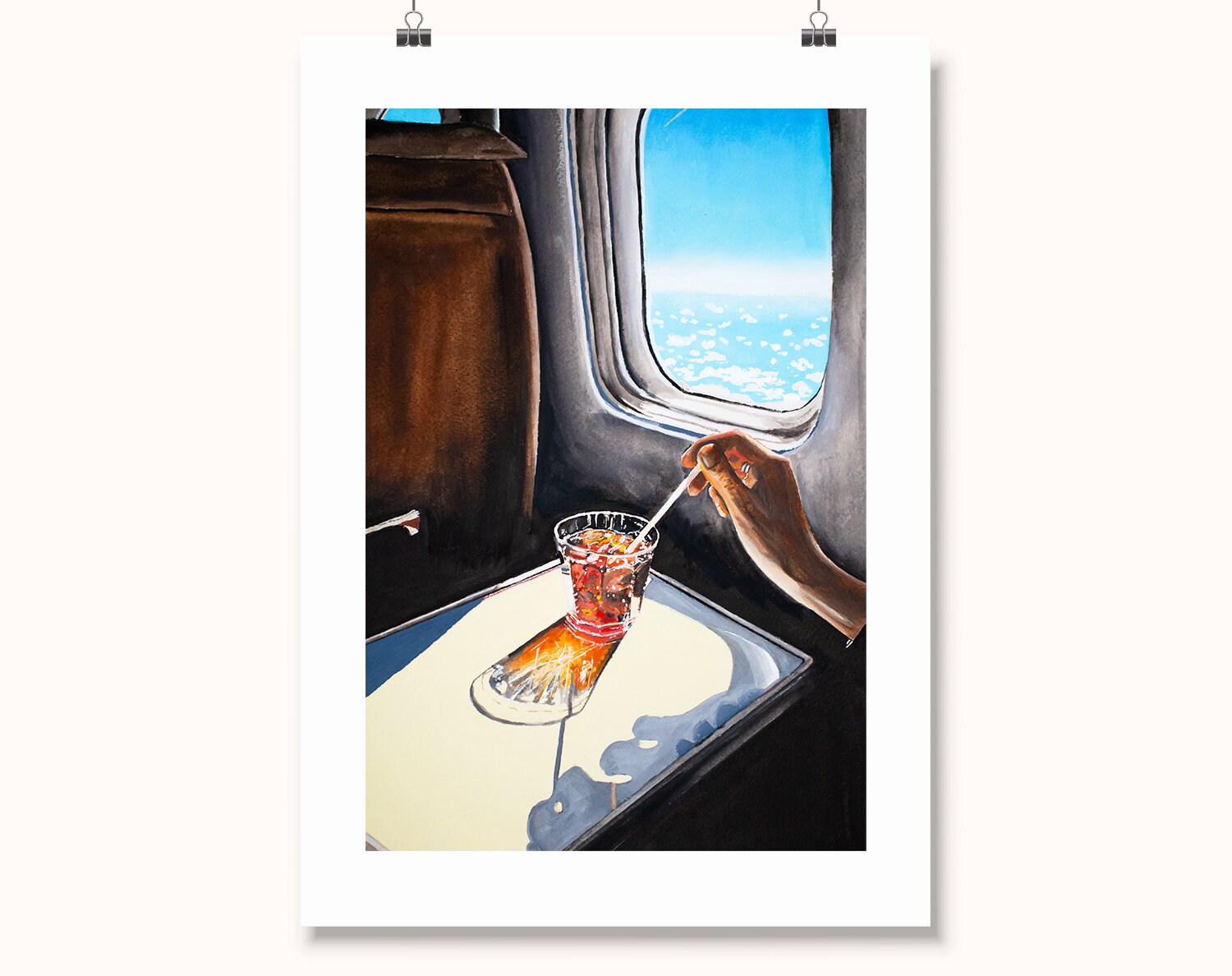 Glass in Airplane Art Print | Retro Mid Century Mad Men Painting | Wi…