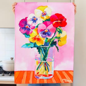Pansies Tea Towel - Artist Made, Dopamine Decor Kitchen Dish Towel - 100% Soft Cotton - Vibrant Colourful Home Decor - Very Giftable
