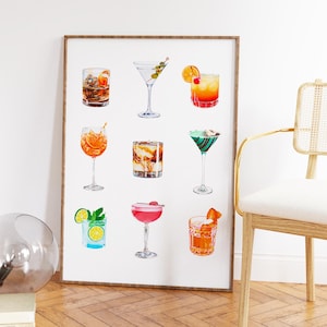 Cocktail Drinks Print | Bar Cart Wall Art Poster | Kitchen Dining Room Wall Decor | Alcohol Recipe Drawing Painting | Fun Gift For Him / Her