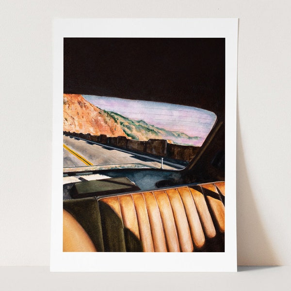 Retro Car 'Looking Back' Art Print | Vintage Mid-Century USA desert | Watercolor Art Painting | Unique gift for him | Retro Americana Decor