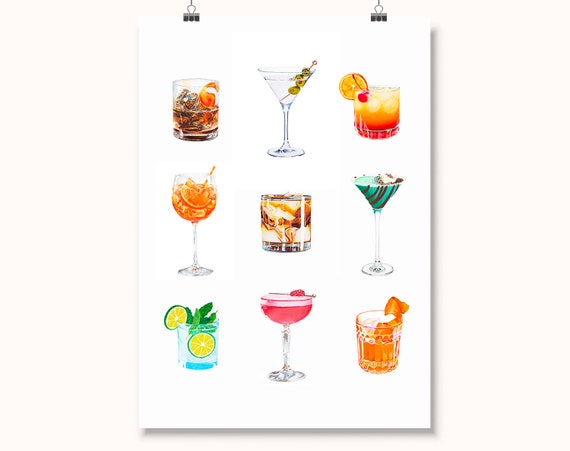Cocktails Poster,Cocktail Recipe Print,Alcohol Art,Bar Poster,Kitchen Print