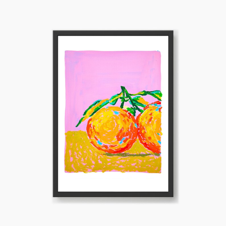 May include: Two orange fruits with green leaves on a pink and yellow background. The oranges are painted in a bright, stylised manner.