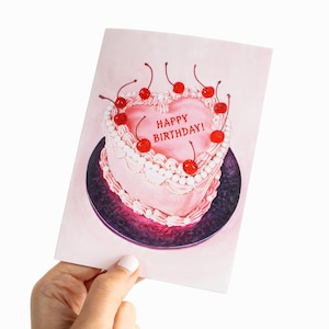 Rosa Kuchen Geburtstag Grußkarte A6 - Original Aquarell Malerei Grußkarte - Moderne, trendige und süße Blanko Geschenk Karte