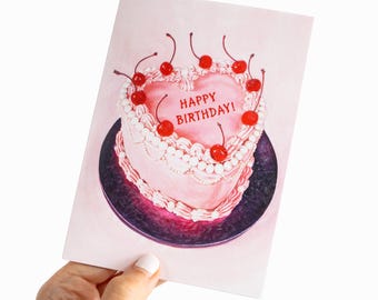 Pink Cake Happy Birthday Greeting Card A6 - Original Watercolour Painting Greeting Card - Modern, Trendy and Cute Blank Art Bday Gift Card