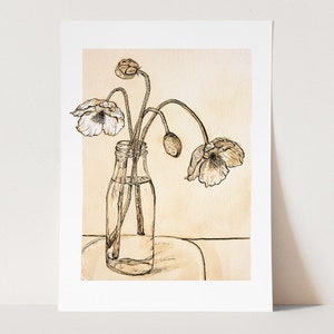 Tea Poppies Fine Art Print. Cottagecore + Boho Aesthetic. Minimal + Feminine Framed Decor. Black Ink + Sepia Watercolour Flower Painting