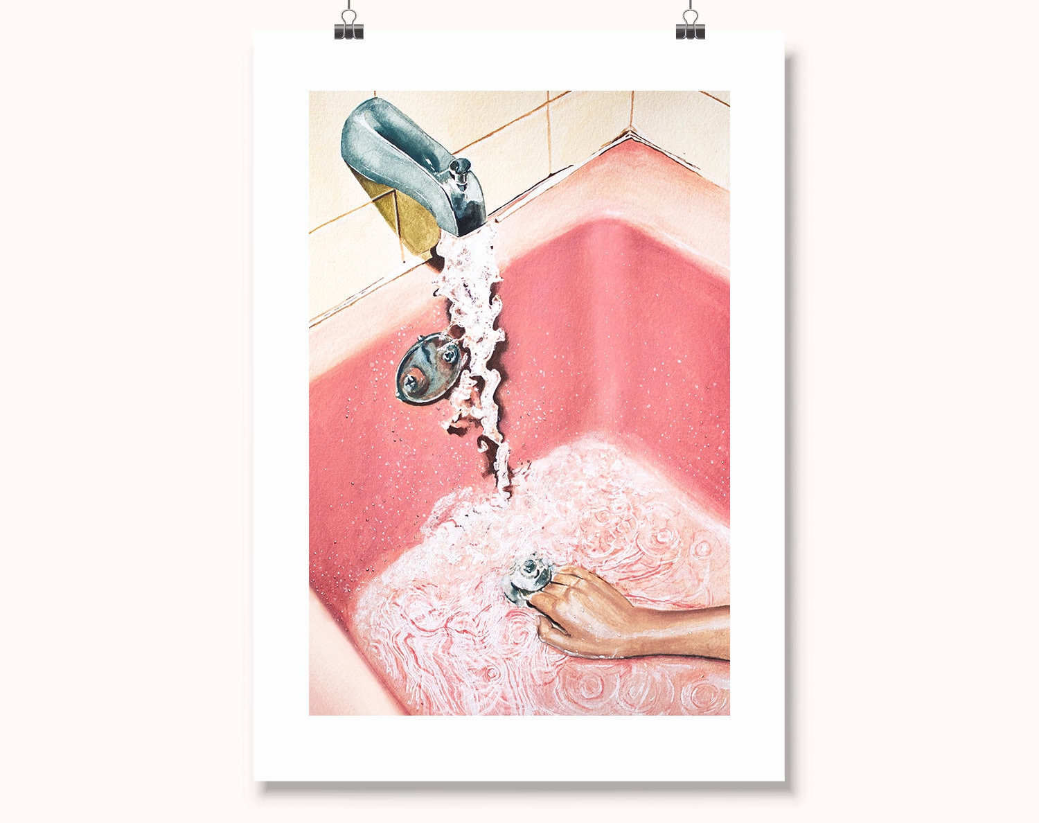 Vintage Pink Bathroom Art Print | Retro Watercolor Femme Painting | G…