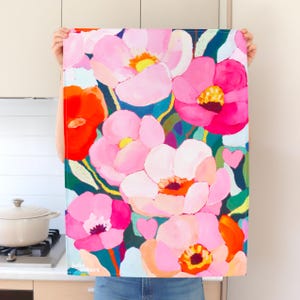 Flowers Galore Tea Towel - Artist Made, Dopamine Decor Kitchen Dish Towel - 100% Soft Cotton - Vibrant Colourful Home Decor - Very Giftable