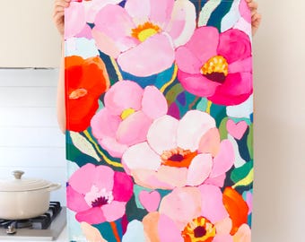 Flowers Galore Tea Towel - Artist Made, Dopamine Decor Kitchen Dish Towel - 100% Soft Cotton - Vibrant Colourful Home Decor - Very Giftable