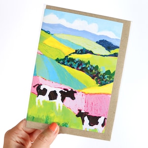 Cartão de felicitações de arte em branco A6 com vacas fofas Moo | Arte original em pastel a óleo Rolling Hills | Cartão de felicitações de artista australiano | Colorido + alegre